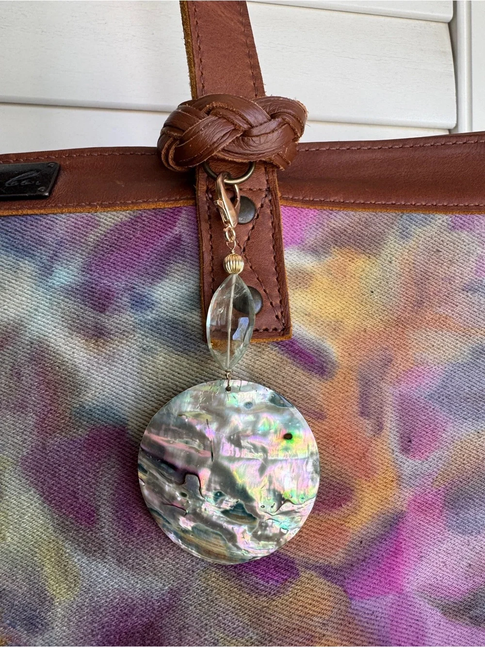 Iridescent Abalone Shell Disc Pendant Bag Jewelry  - Green & Pink Tones